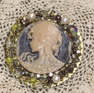 Distressed Green & Gold Vintage Ivory Cameo Brooch Restored